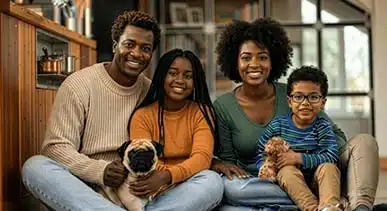 Inclusive representation of diverse families enjoying quality time together with their pet dog in a comfortable home.