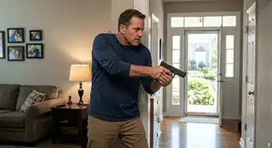 Home defense scenarios and firearm handling strategies for residential protection.