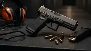 Ear protection, eye protection, semi-automatic pistol, hollow point ammunition, and magazine with ammunition loaded.
