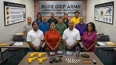 Group of African Americans standing in the middle of a Firearms Training class with yellow training pistols, holsters, taser device, pepper spray and 9mm snap caps on a table.