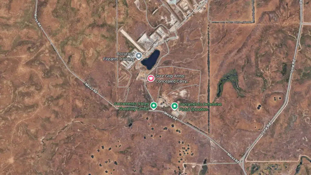 A satellite map showing Sure Grip Arms and nearby firearm training facilities off Meiss Road.