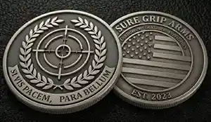 Two Sure Grip Arms antique silver challenge coins.